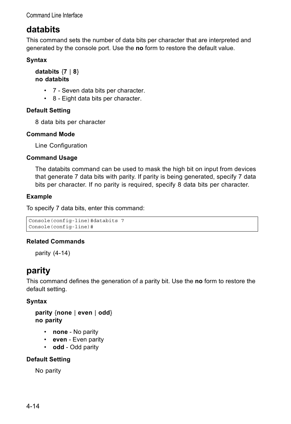 Databits, Parity, Databits 4-14 parity 4-14 | Accton Technology VS4512DC User Manual | Page 160 / 334