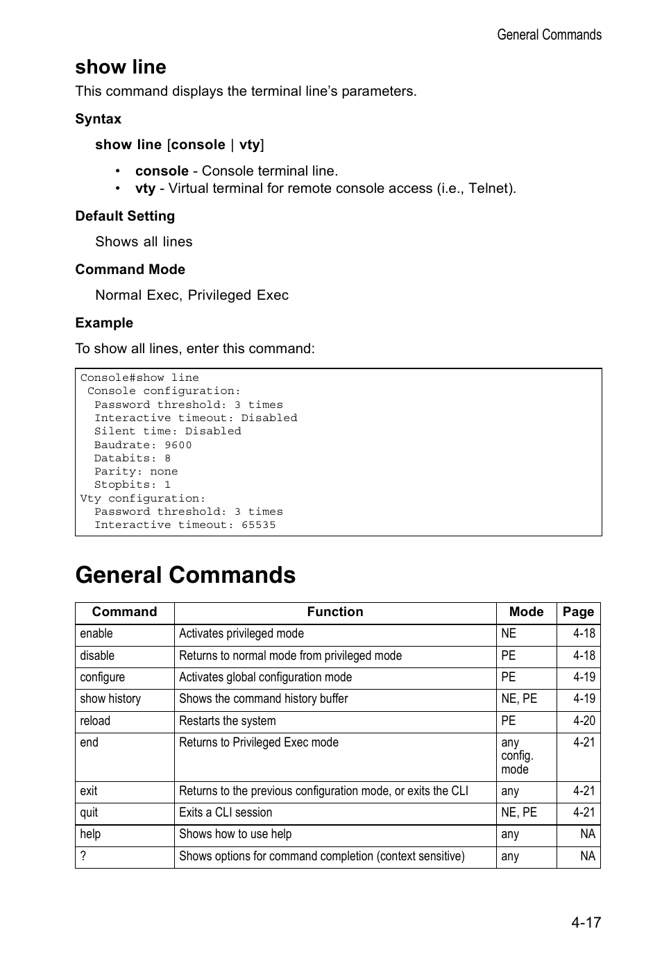 Show line, General commands | Accton Technology VS4512DC User Manual | Page 163 / 334