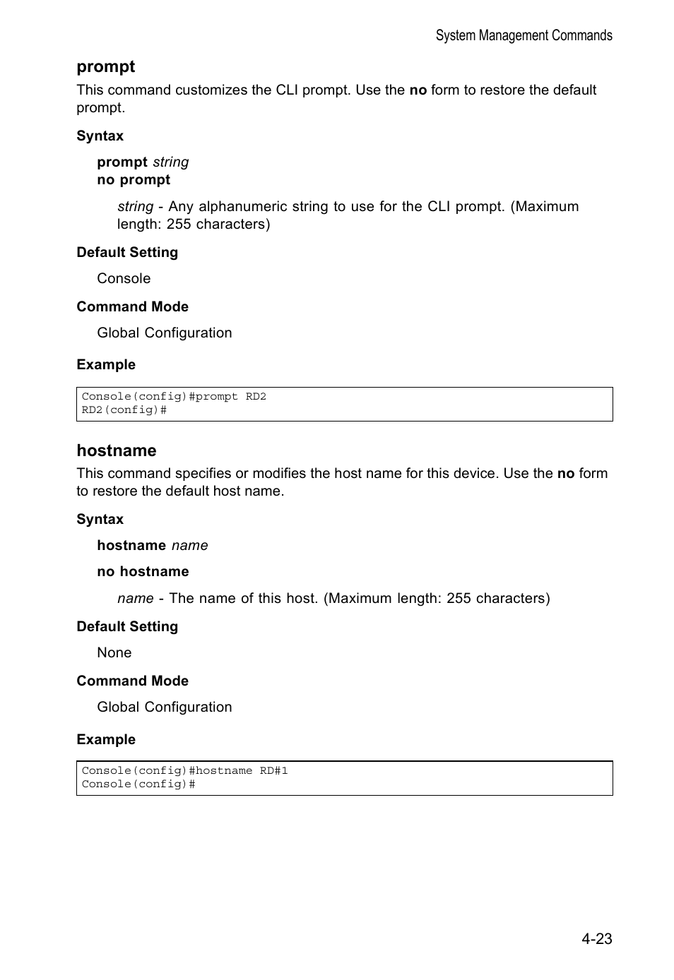 Prompt, Hostname, Prompt 4-23 hostname 4-23 | Accton Technology VS4512DC User Manual | Page 169 / 334