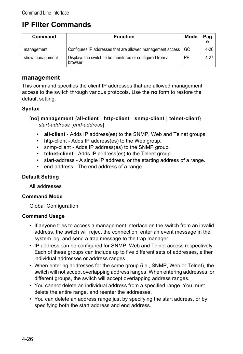 Ip filter commands, Management, Management 4-26 | Accton Technology VS4512DC User Manual | Page 172 / 334