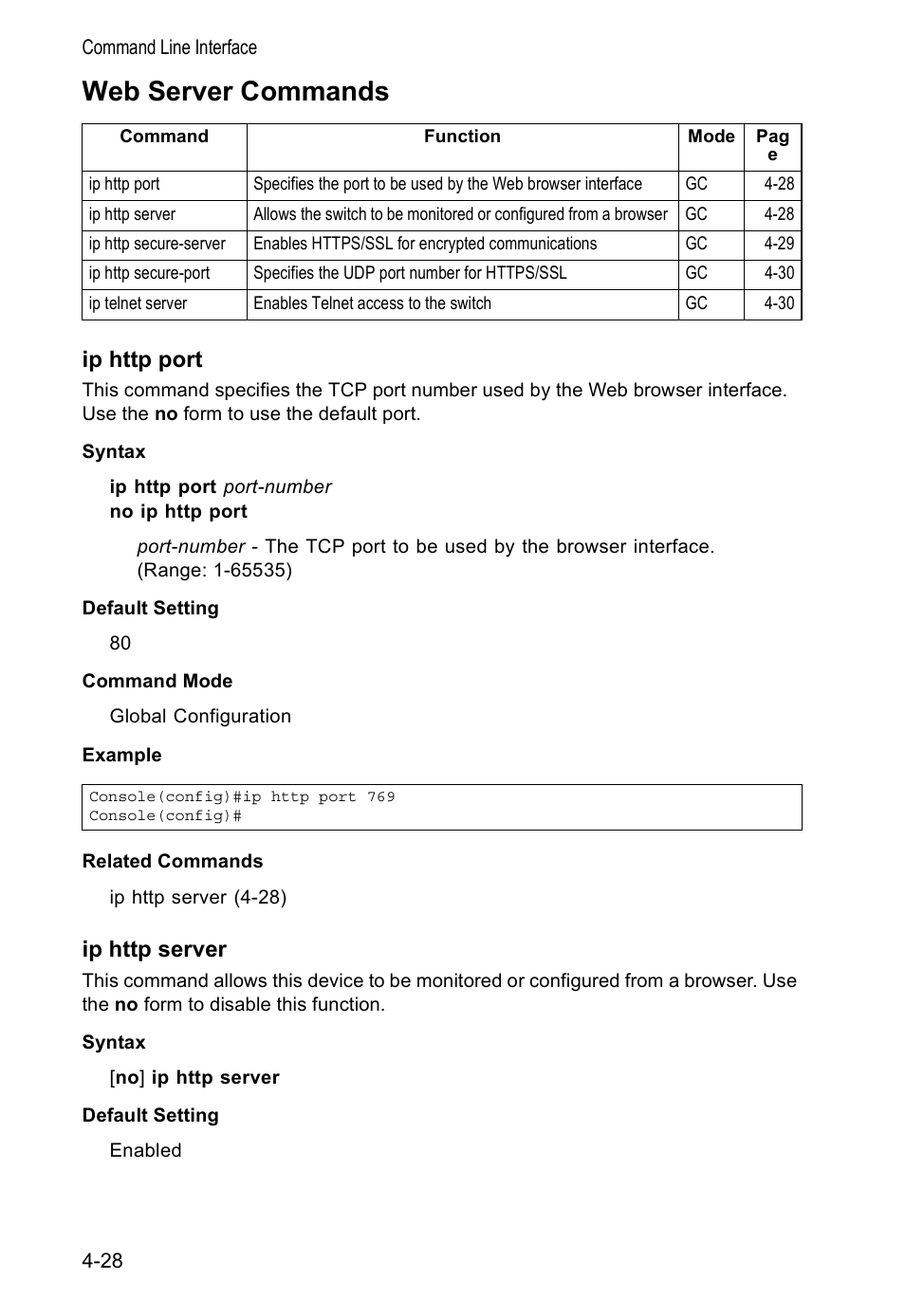 Web server commands, Ip http port, Ip http server | Accton Technology VS4512DC User Manual | Page 174 / 334