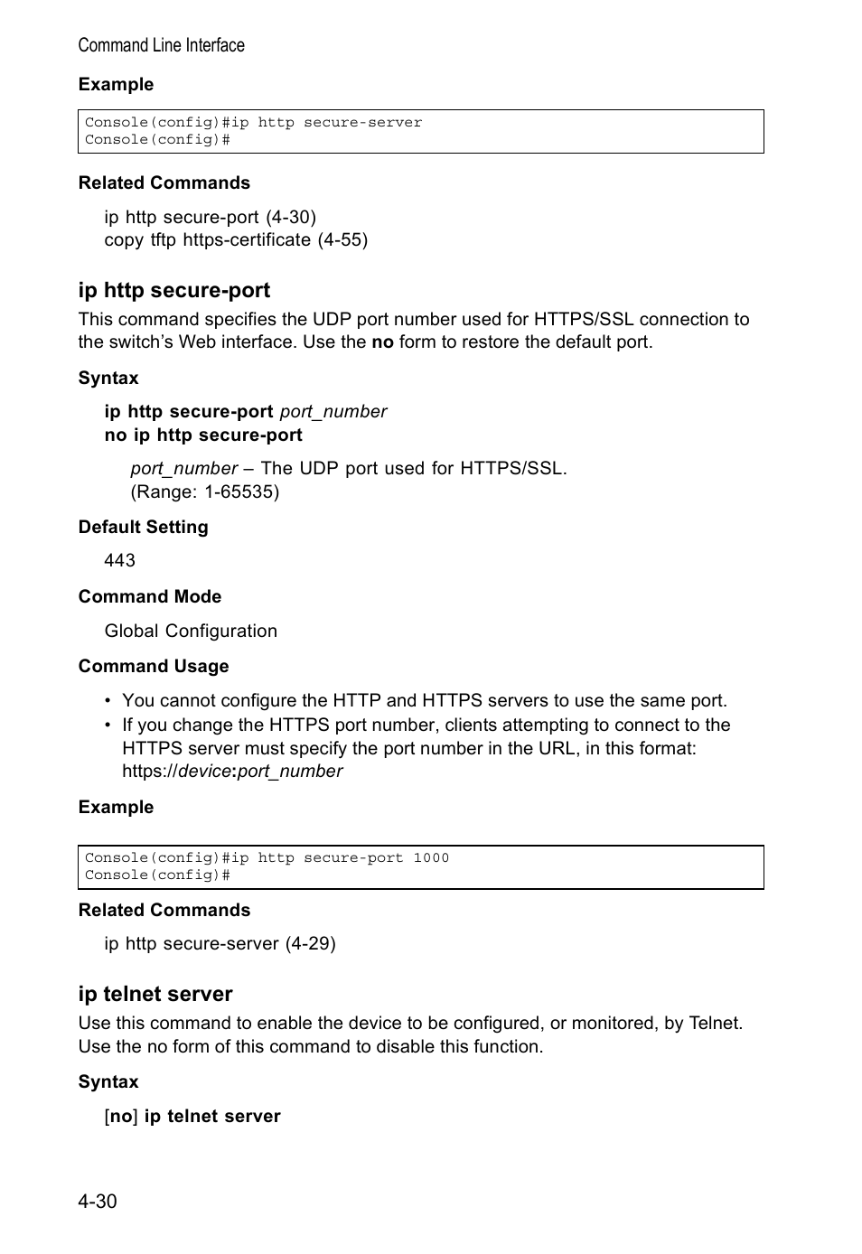 Ip http secure-port, Ip telnet server | Accton Technology VS4512DC User Manual | Page 176 / 334