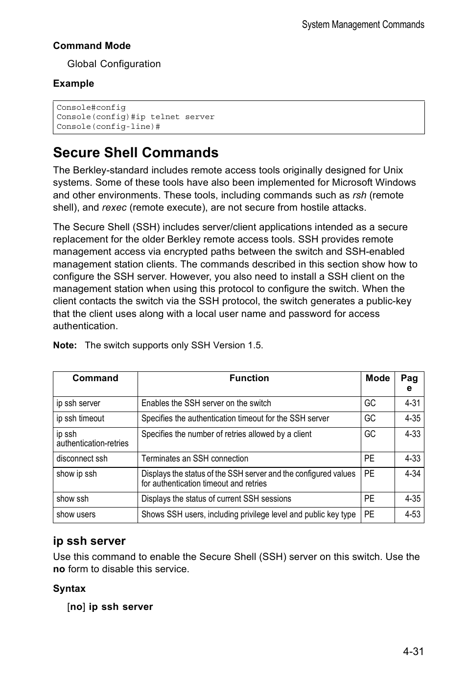 Secure shell commands, Ip ssh server | Accton Technology VS4512DC User Manual | Page 177 / 334