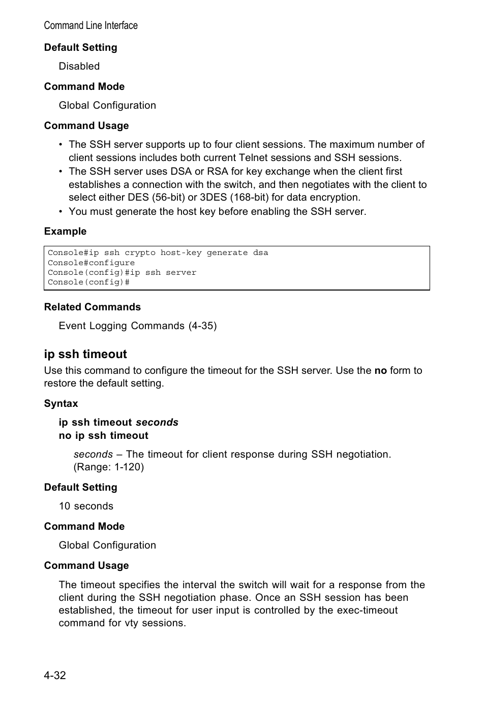 Ip ssh timeout | Accton Technology VS4512DC User Manual | Page 178 / 334