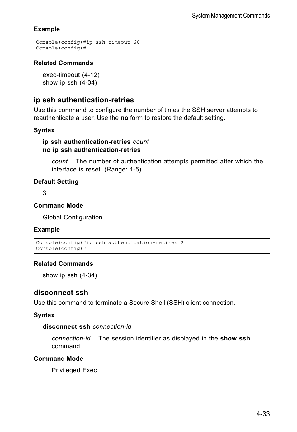 Ip ssh authentication-retries, Disconnect ssh | Accton Technology VS4512DC User Manual | Page 179 / 334