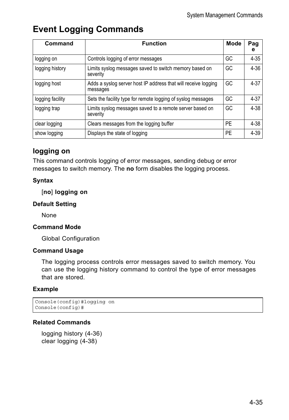 Event logging commands, Logging on | Accton Technology VS4512DC User Manual | Page 181 / 334