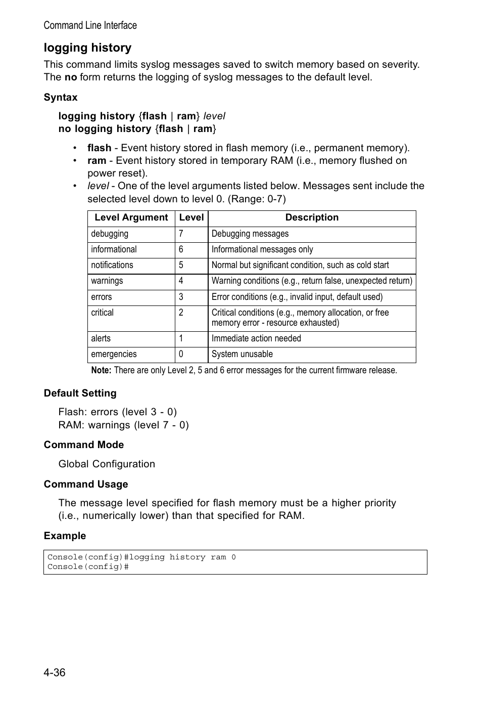 Logging history, Logging history (4-36) | Accton Technology VS4512DC User Manual | Page 182 / 334