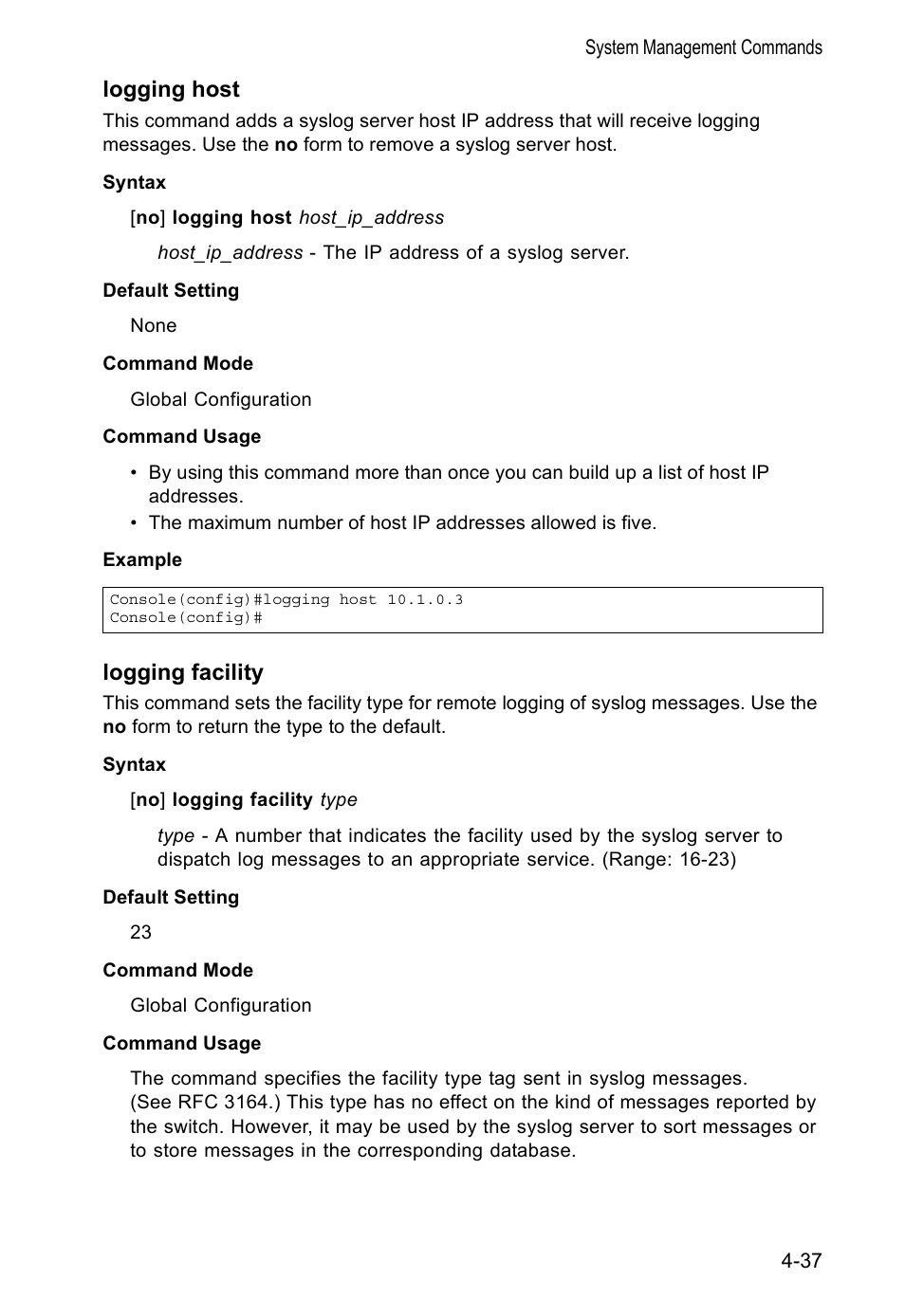 Logging host, Logging facility | Accton Technology VS4512DC User Manual | Page 183 / 334