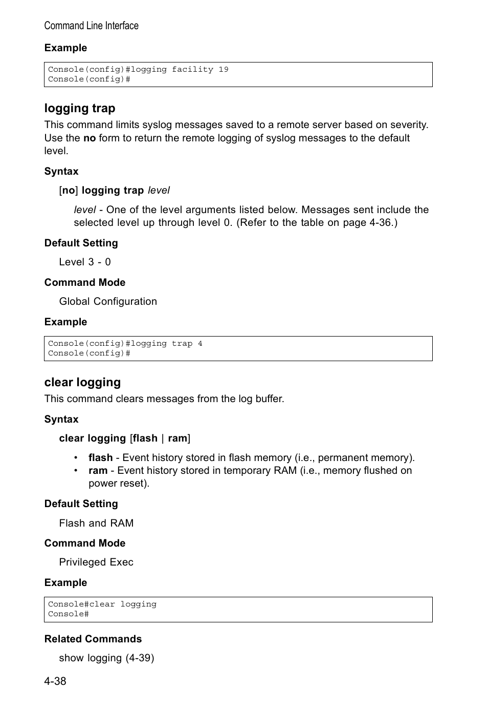Logging trap, Clear logging, Clear logging (4-38) | Accton Technology VS4512DC User Manual | Page 184 / 334
