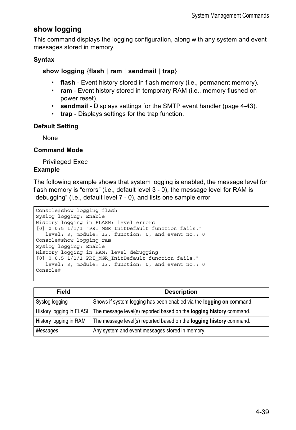 Show logging | Accton Technology VS4512DC User Manual | Page 185 / 334
