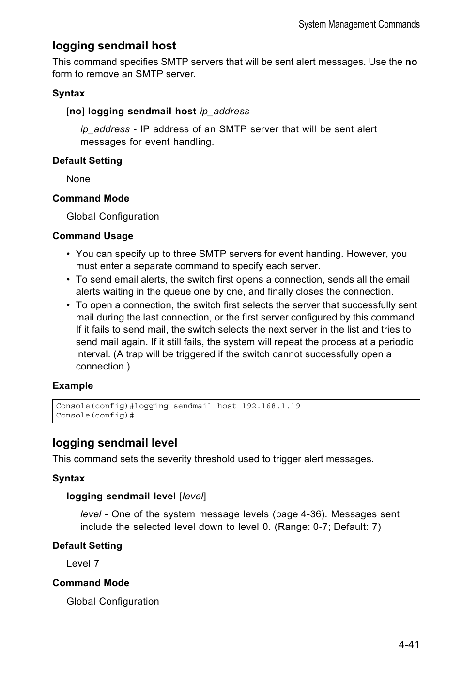 Logging sendmail host, Logging sendmail level | Accton Technology VS4512DC User Manual | Page 187 / 334