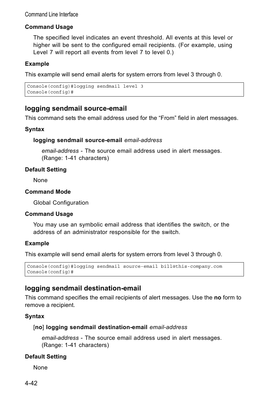 Logging sendmail source-email, Logging sendmail destination-email | Accton Technology VS4512DC User Manual | Page 188 / 334