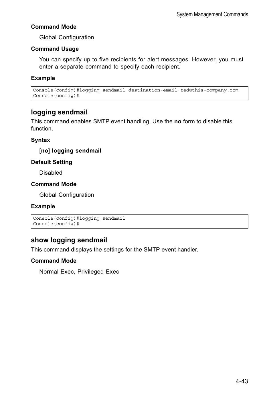 Logging sendmail, Show logging sendmail, Show logging sendmail (4-43) | Accton Technology VS4512DC User Manual | Page 189 / 334