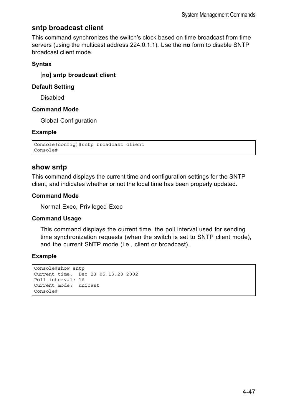 Sntp broadcast client, Show sntp, Show sntp (4-47) | Accton Technology VS4512DC User Manual | Page 193 / 334