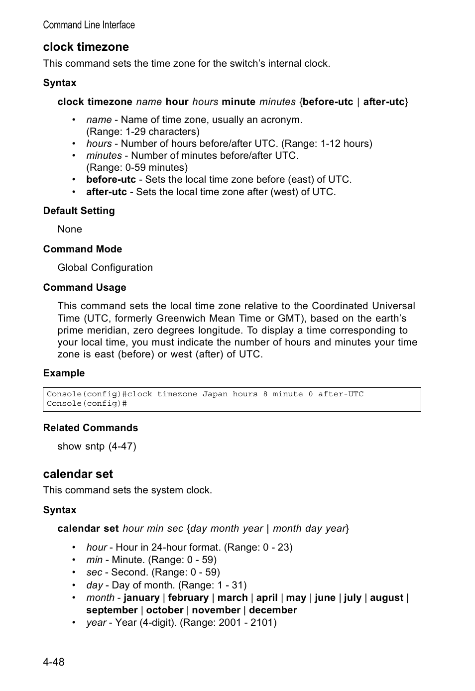 Clock timezone, Calendar set | Accton Technology VS4512DC User Manual | Page 194 / 334