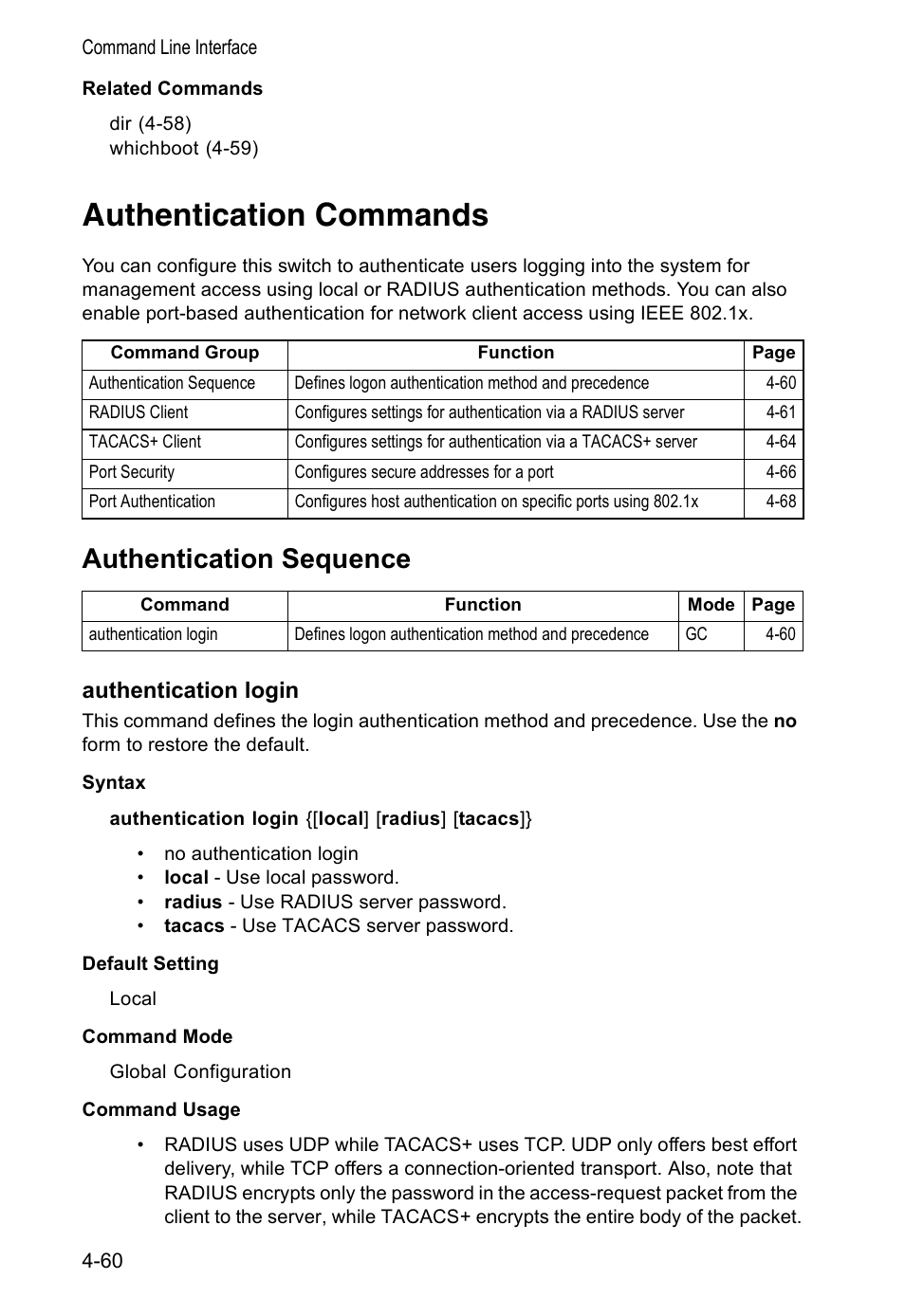 Authentication commands, Authentication sequence, Authentication login | Accton Technology VS4512DC User Manual | Page 206 / 334