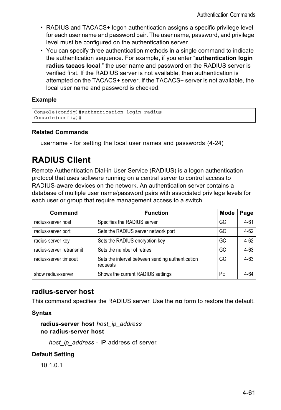 Radius client, Radius-server host | Accton Technology VS4512DC User Manual | Page 207 / 334