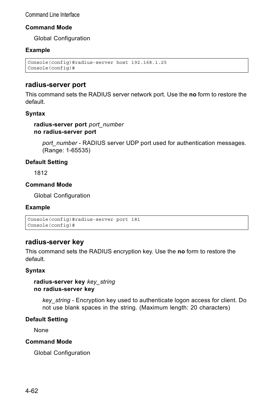 Radius-server port, Radius-server key | Accton Technology VS4512DC User Manual | Page 208 / 334