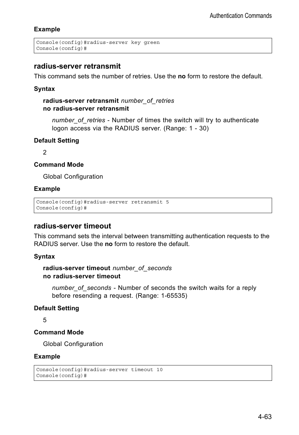 Radius-server retransmit, Radius-server timeout | Accton Technology VS4512DC User Manual | Page 209 / 334
