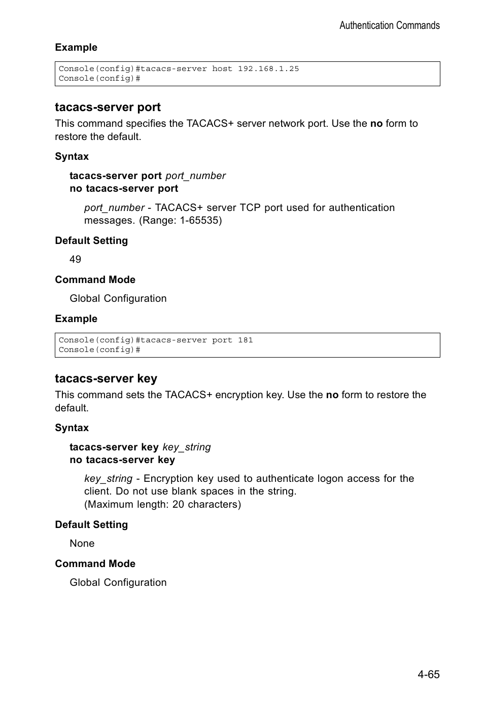 Tacacs-server port, Tacacs-server key | Accton Technology VS4512DC User Manual | Page 211 / 334