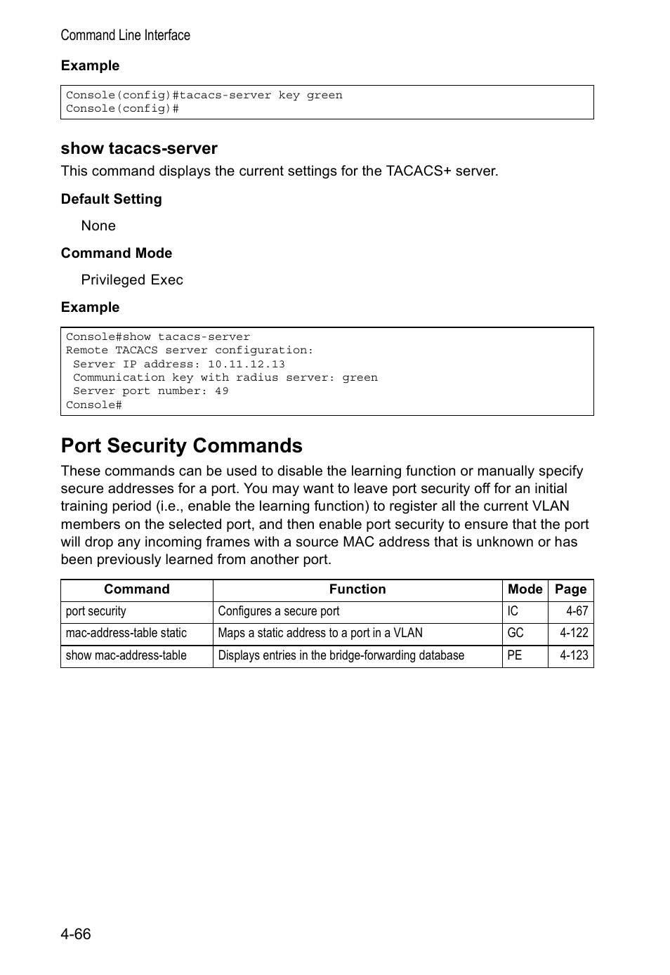 Show tacacs-server, Port security commands | Accton Technology VS4512DC User Manual | Page 212 / 334