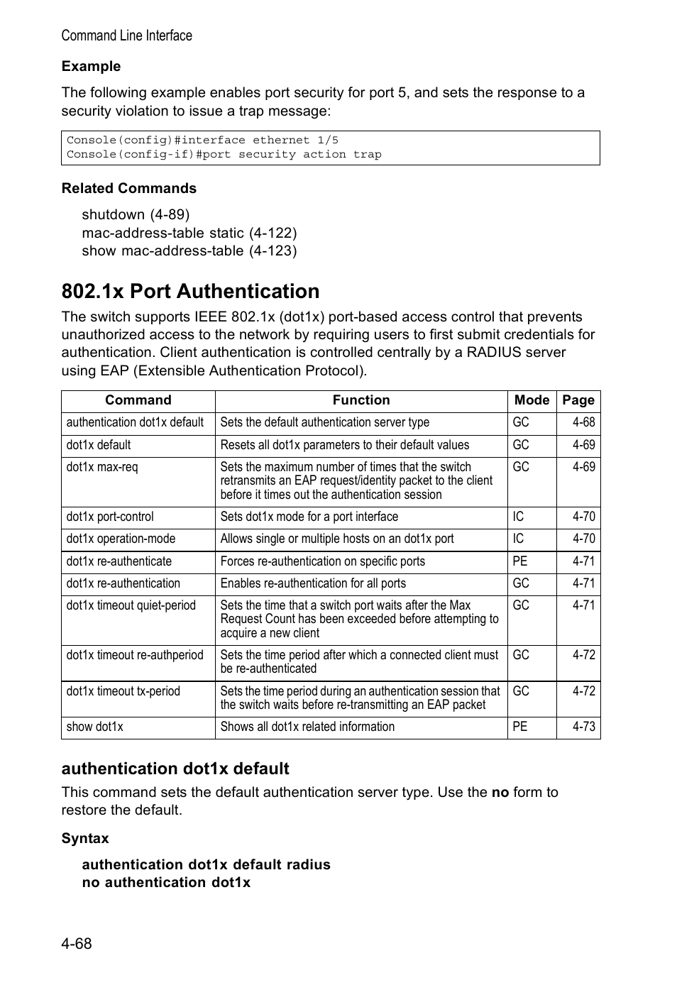1x port authentication, Authentication dot1x default | Accton Technology VS4512DC User Manual | Page 214 / 334