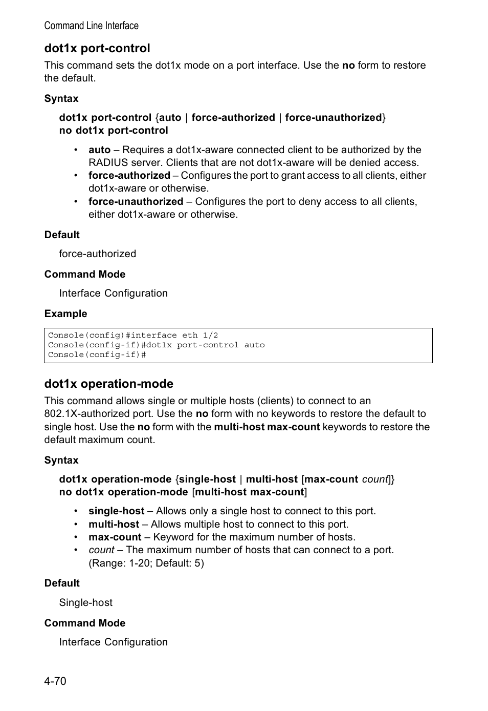 Dot1x port-control, Dot1x operation-mode | Accton Technology VS4512DC User Manual | Page 216 / 334