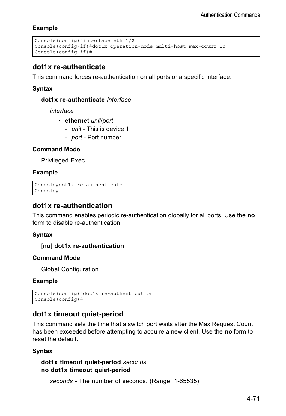 Dot1x re-authenticate, Dot1x re-authentication, Dot1x timeout quiet-period | Accton Technology VS4512DC User Manual | Page 217 / 334