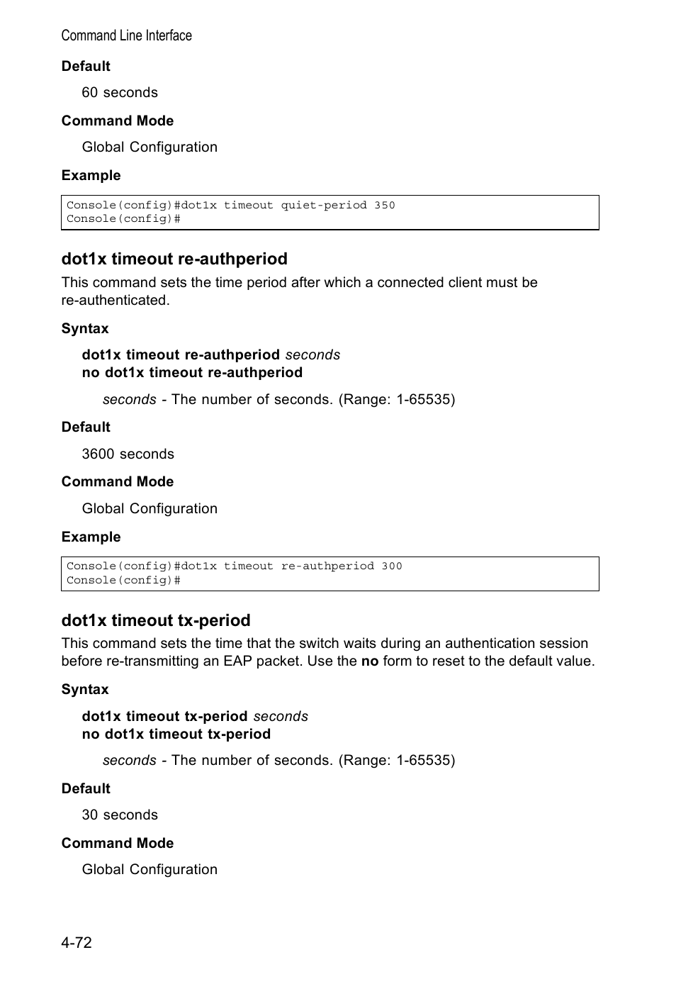 Dot1x timeout re-authperiod, Dot1x timeout tx-period | Accton Technology VS4512DC User Manual | Page 218 / 334
