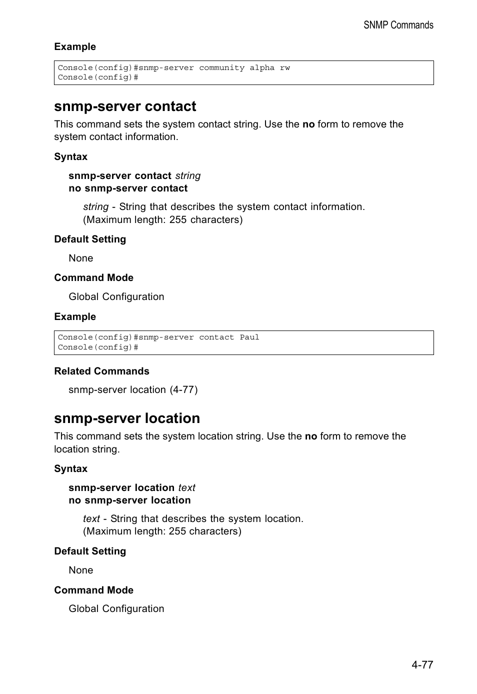 Snmp-server contact, Snmp-server location | Accton Technology VS4512DC User Manual | Page 223 / 334