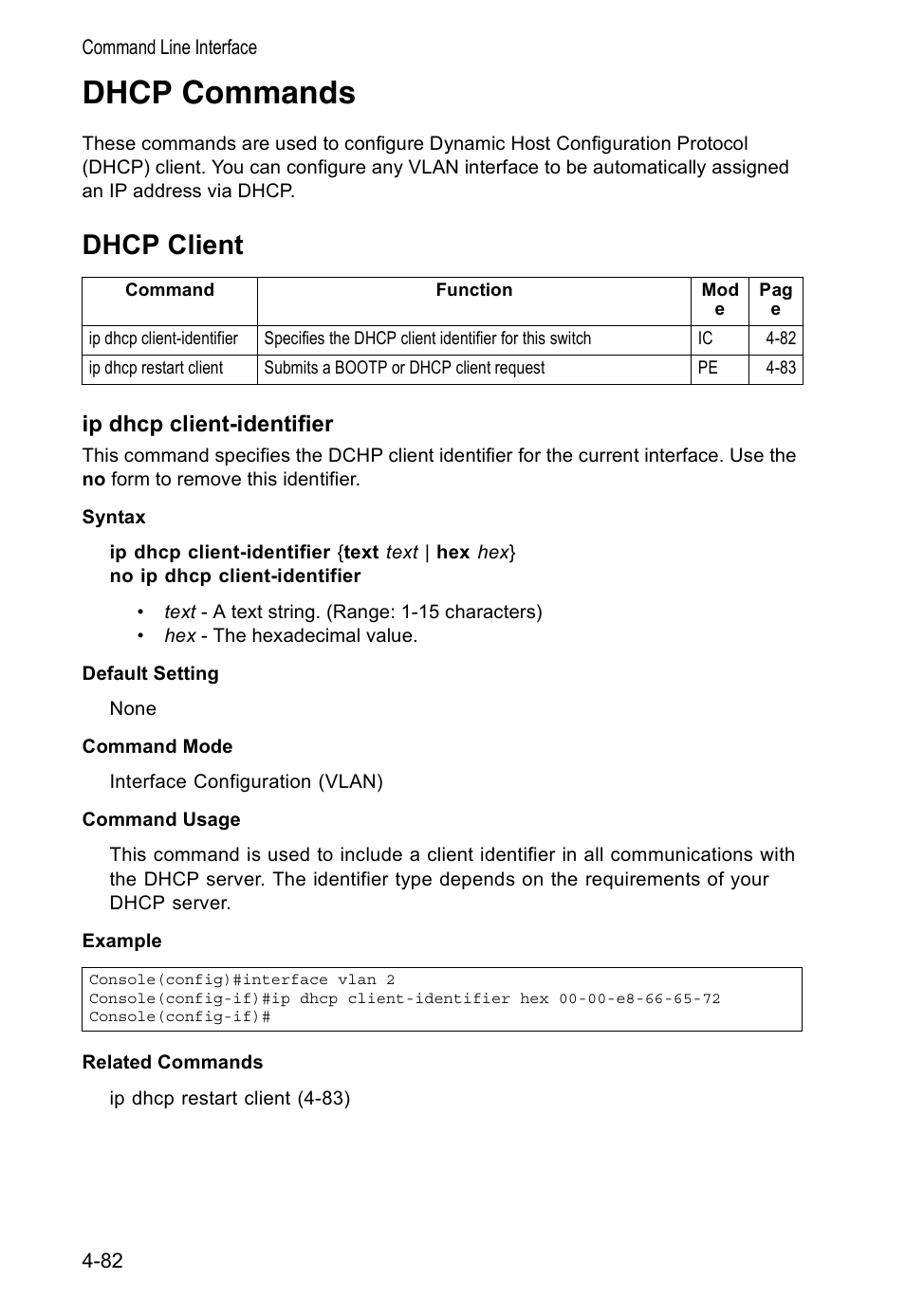 Dhcp commands, Dhcp client, Ip dhcp client-identifier | Accton Technology VS4512DC User Manual | Page 228 / 334
