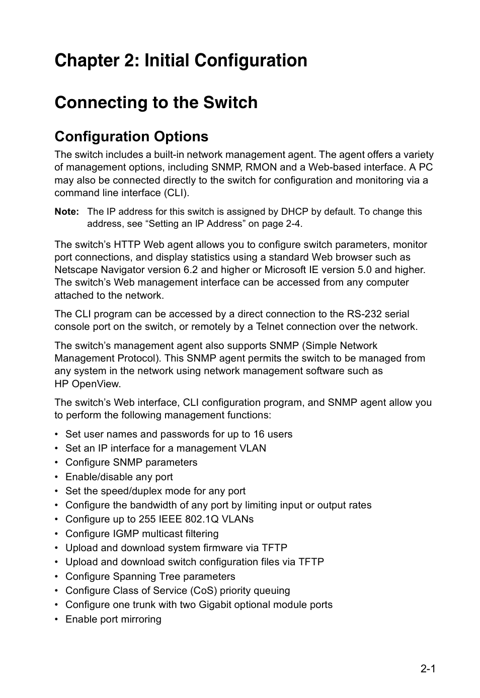 Chapter 2: initial configuration, Connecting to the switch, Configuration options | Accton Technology VS4512DC User Manual | Page 23 / 334