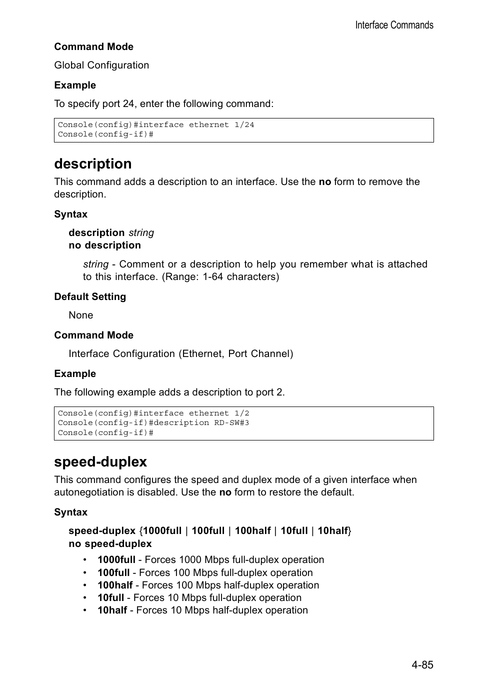 Description, Speed-duplex, Description 4-85 speed-duplex 4-85 | Accton Technology VS4512DC User Manual | Page 231 / 334