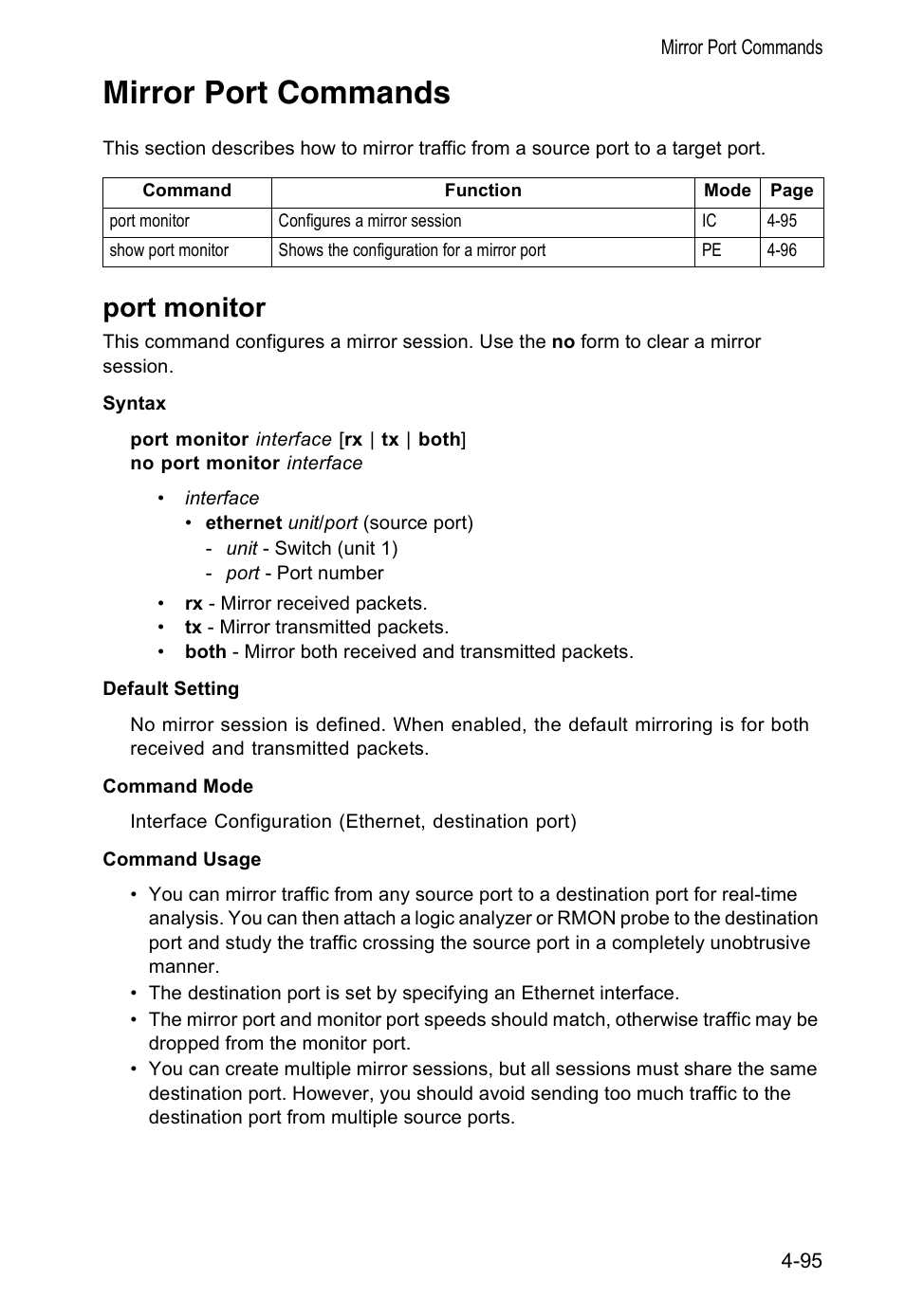 Mirror port commands, Port monitor | Accton Technology VS4512DC User Manual | Page 241 / 334