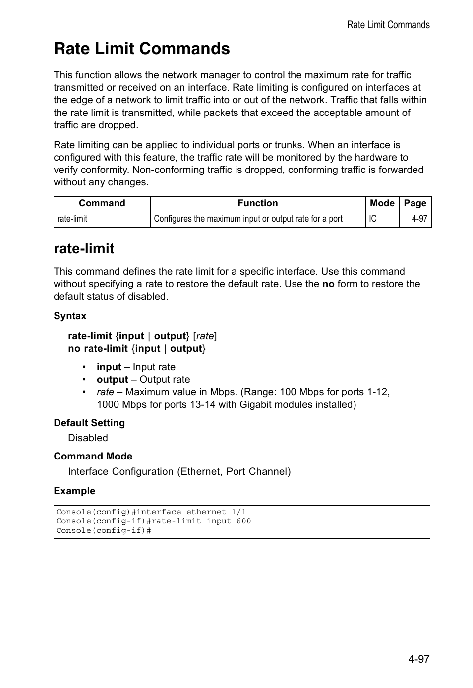 Rate limit commands, Rate-limit, Rate-limit 4-97 | Accton Technology VS4512DC User Manual | Page 243 / 334