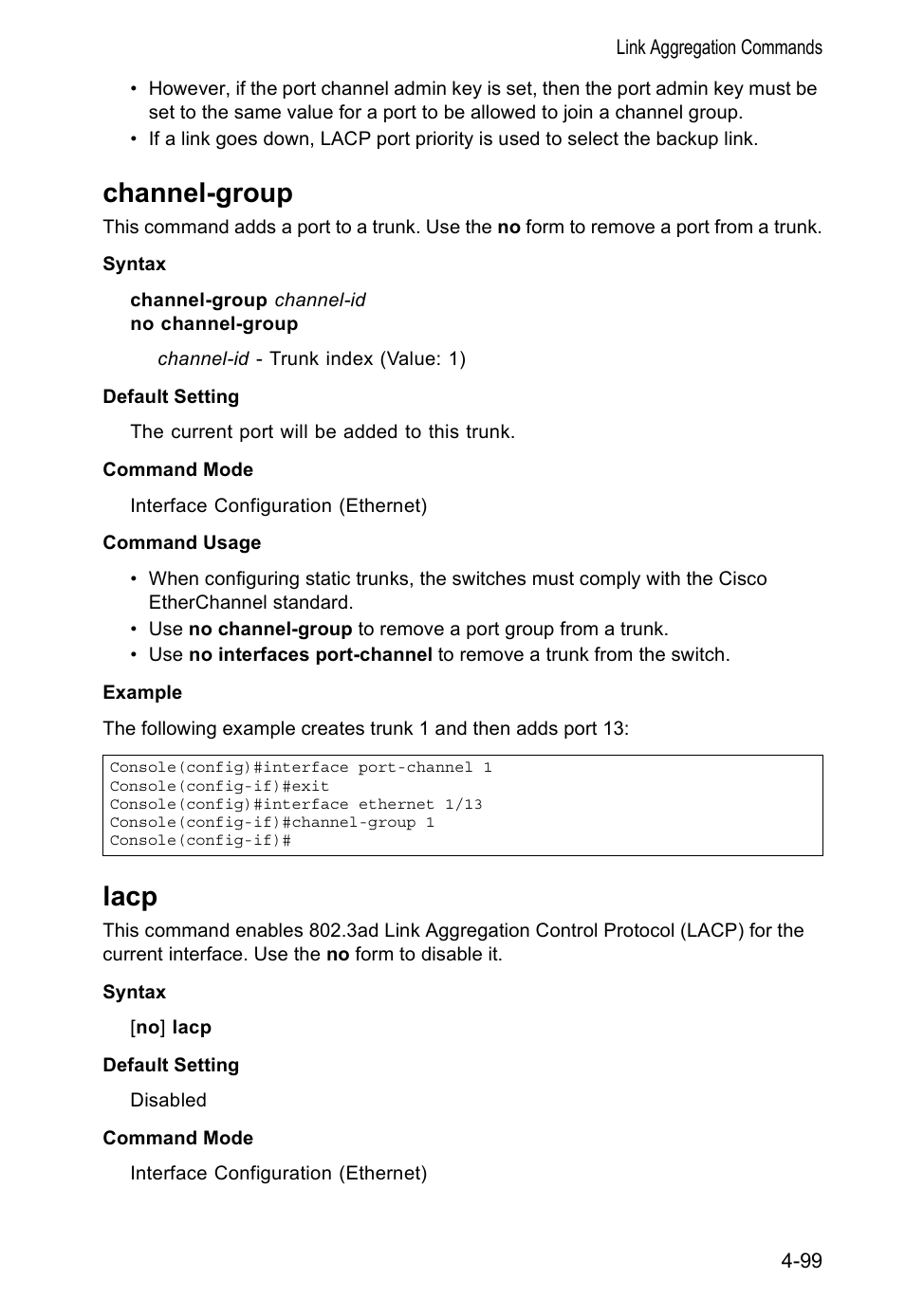 Channel-group, Lacp, Lacp 4-99 | Accton Technology VS4512DC User Manual | Page 245 / 334