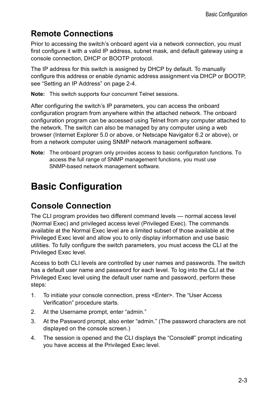 Remote connections, Basic configuration, Console connection | Accton Technology VS4512DC User Manual | Page 25 / 334