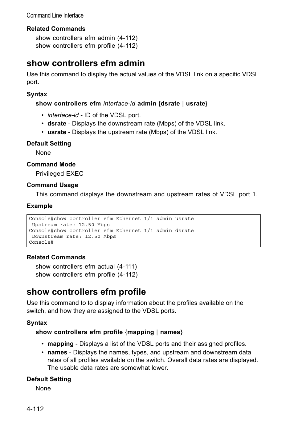 Show controllers efm admin, Show controllers efm profile | Accton Technology VS4512DC User Manual | Page 258 / 334