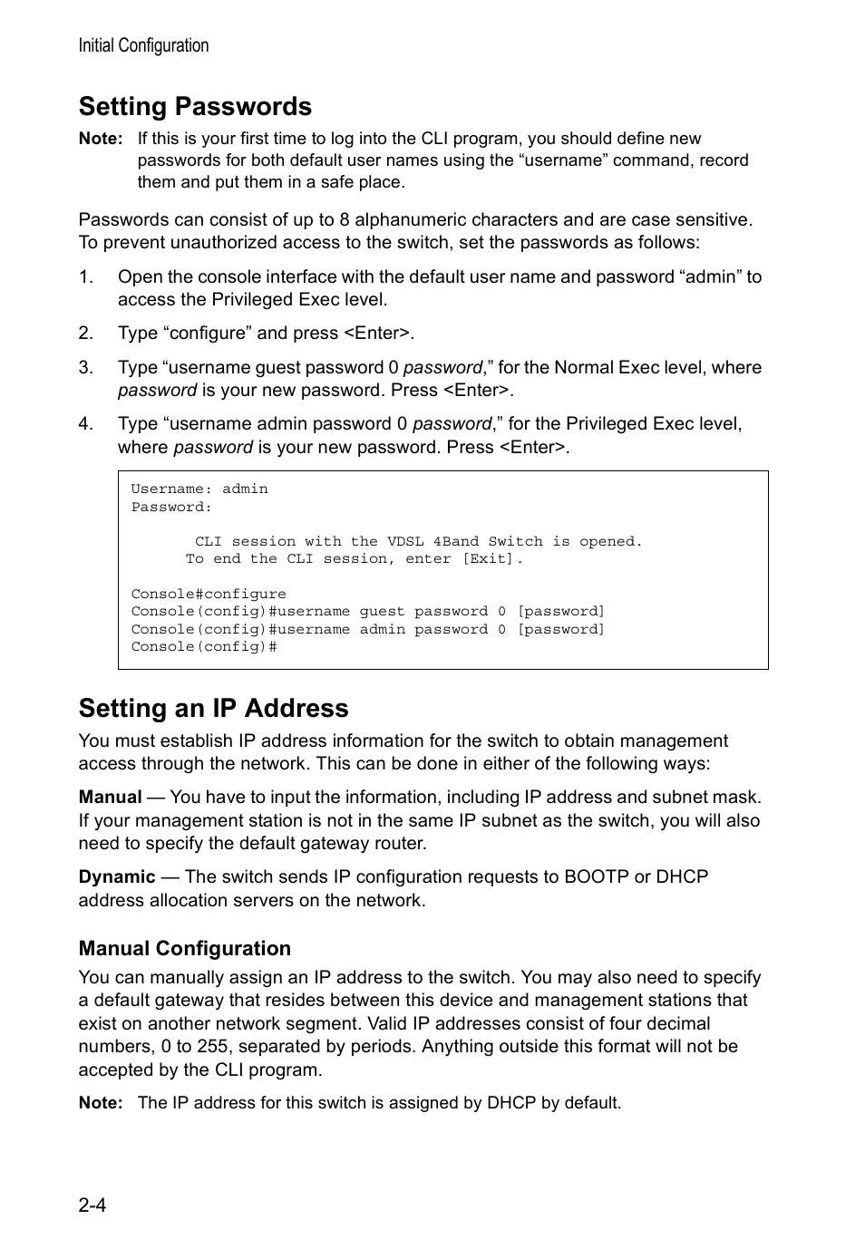 Setting passwords, Setting an ip address, Manual configuration | Accton Technology VS4512DC User Manual | Page 26 / 334