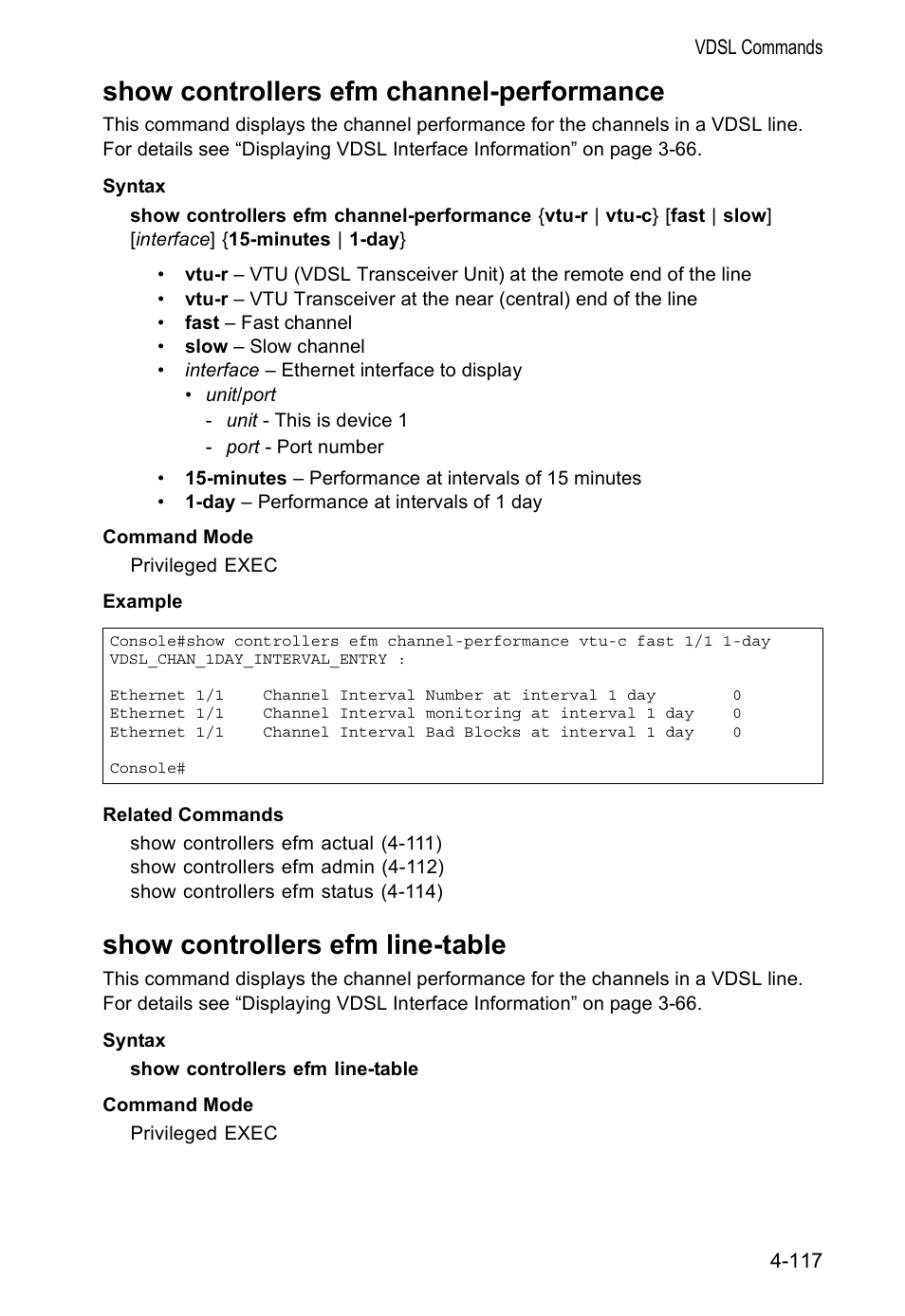 Show controllers efm channel-performance, Show controllers efm line-table, Show controllers efm channel-performance (4-117) | Accton Technology VS4512DC User Manual | Page 263 / 334