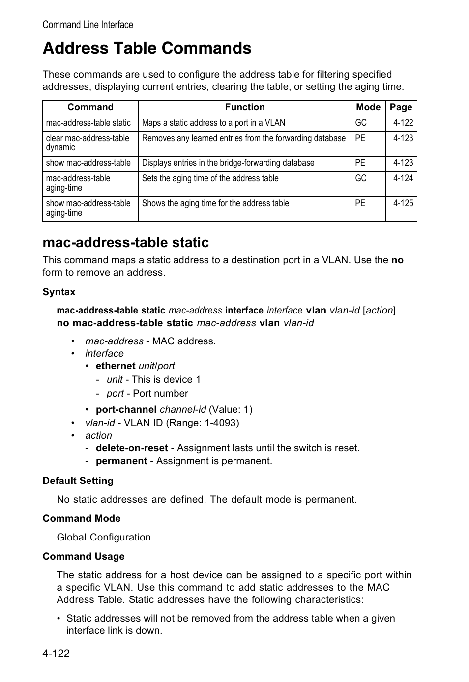 Address table commands, Mac-address-table static, Mac-address-table static (4-122) | Accton Technology VS4512DC User Manual | Page 268 / 334