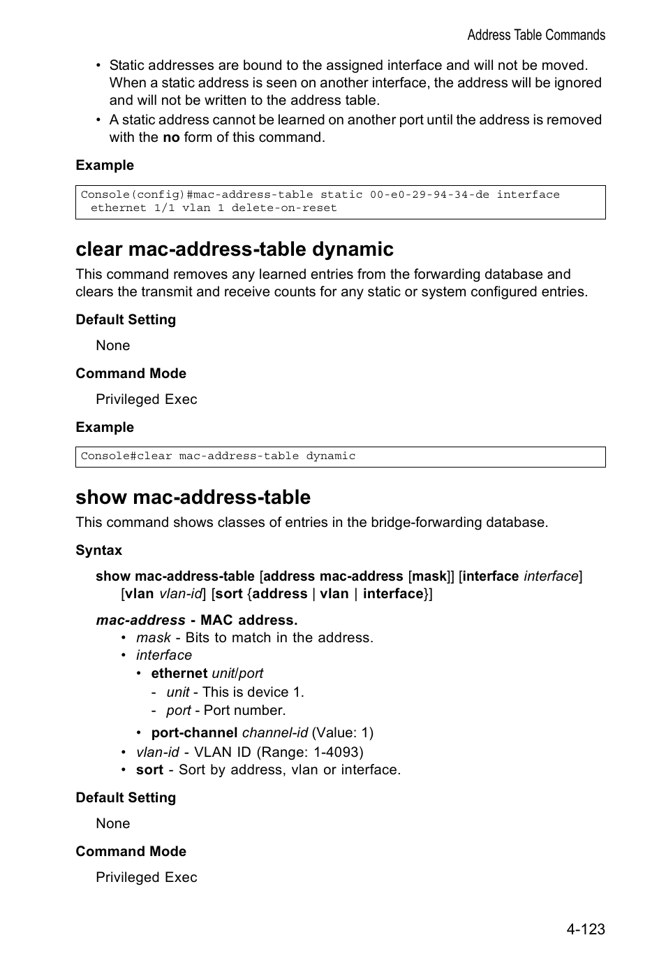 Clear mac-address-table dynamic, Show mac-address-table, Show mac-address-table (4-123) | Accton Technology VS4512DC User Manual | Page 269 / 334