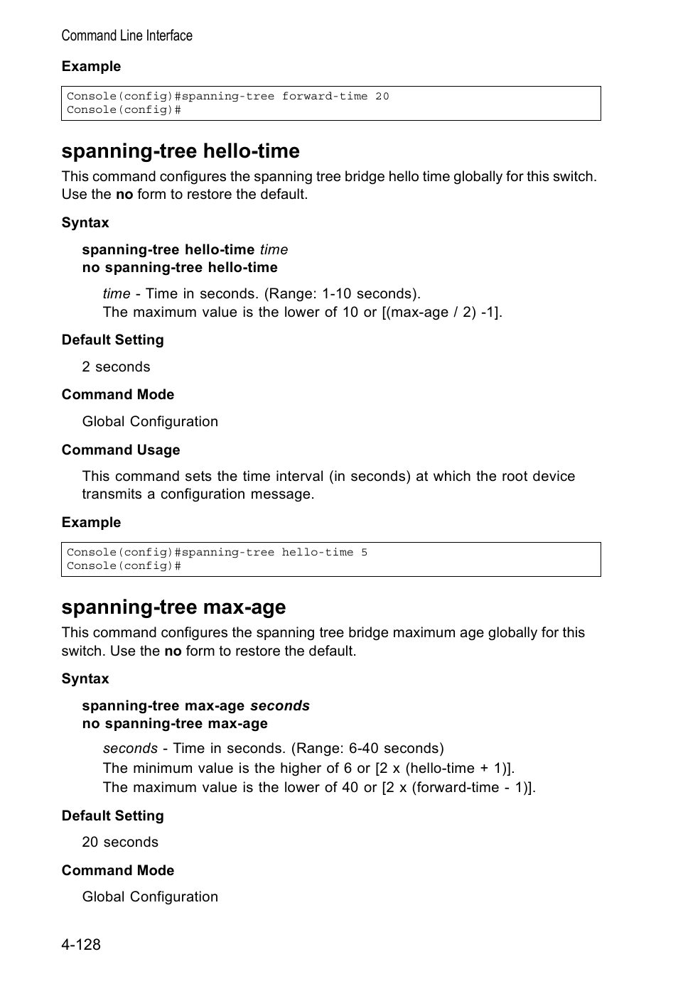 Spanning-tree hello-time, Spanning-tree max-age | Accton Technology VS4512DC User Manual | Page 274 / 334