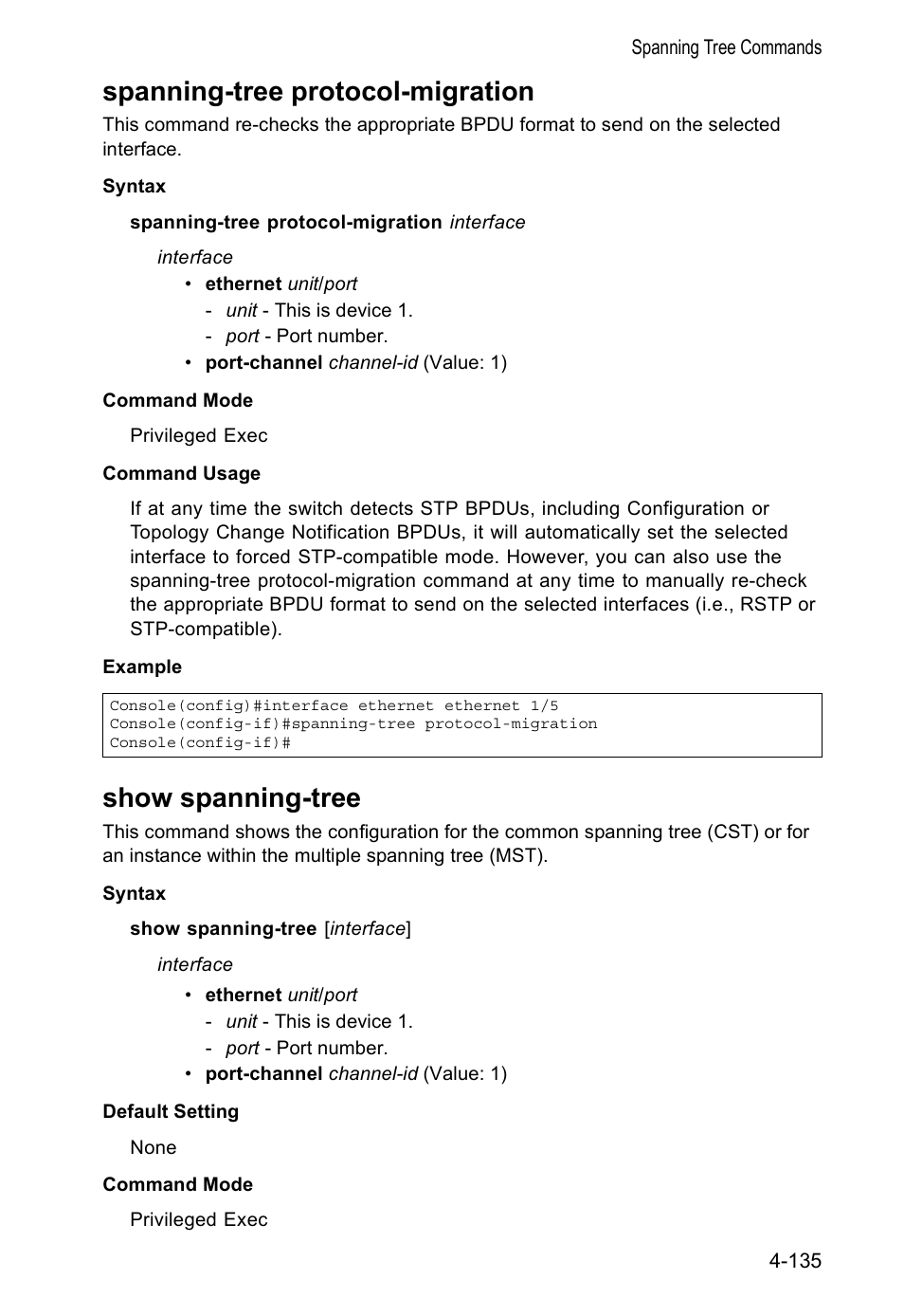 Spanning-tree protocol-migration, Show spanning-tree | Accton Technology VS4512DC User Manual | Page 281 / 334