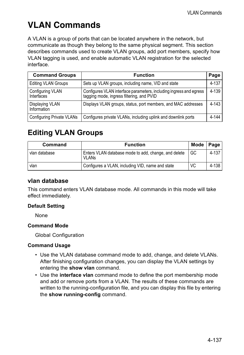 Vlan commands, Editing vlan groups, Vlan database | Accton Technology VS4512DC User Manual | Page 283 / 334