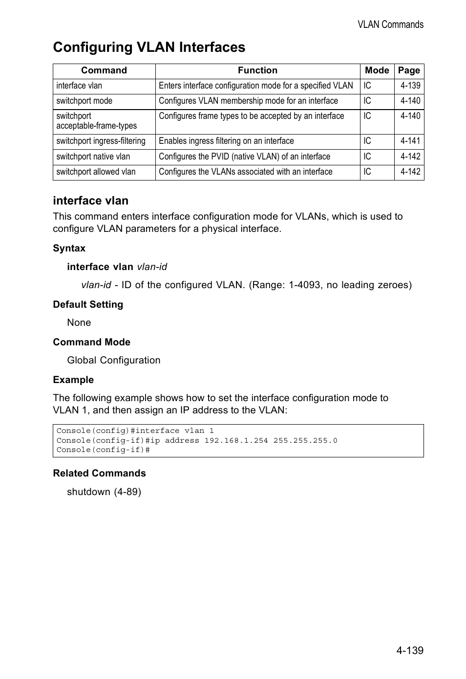 Configuring vlan interfaces, Interface vlan | Accton Technology VS4512DC User Manual | Page 285 / 334