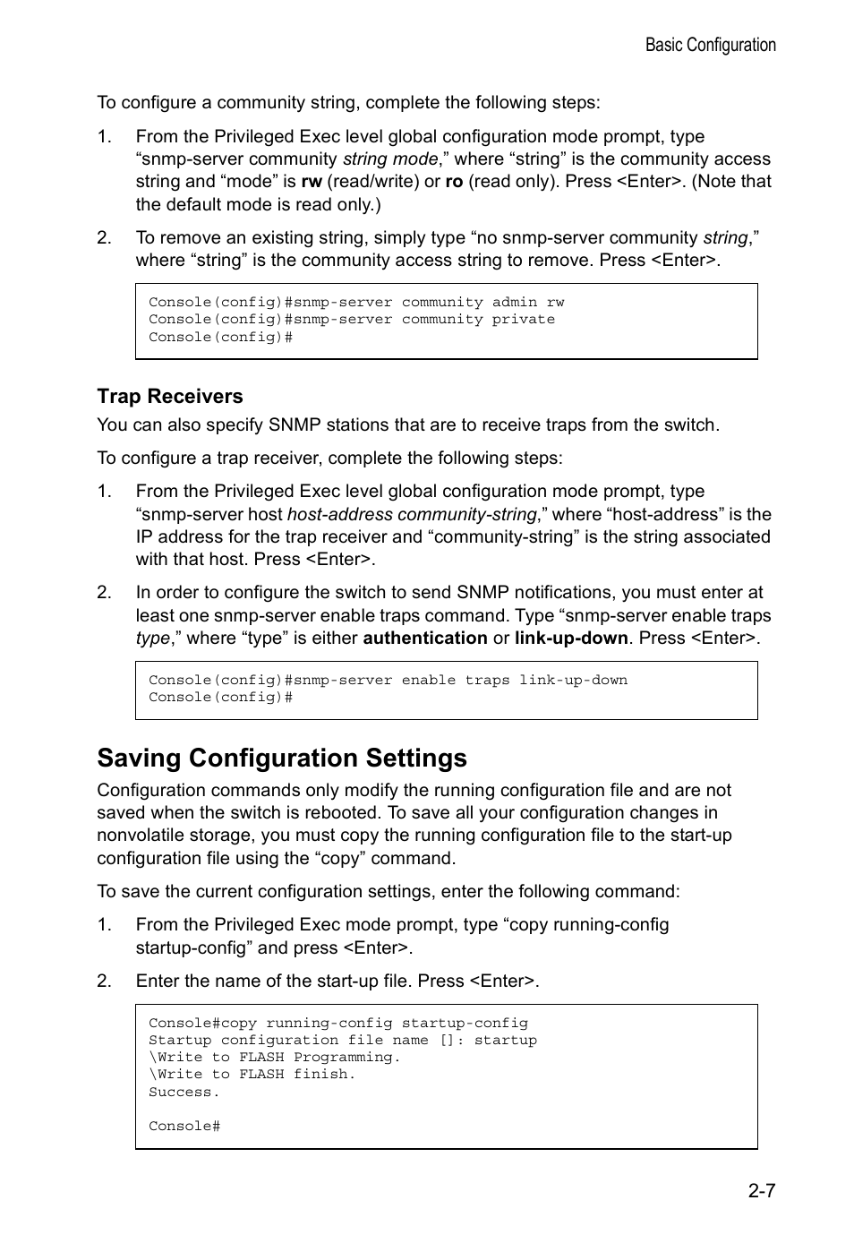 Trap receivers, Saving configuration settings | Accton Technology VS4512DC User Manual | Page 29 / 334