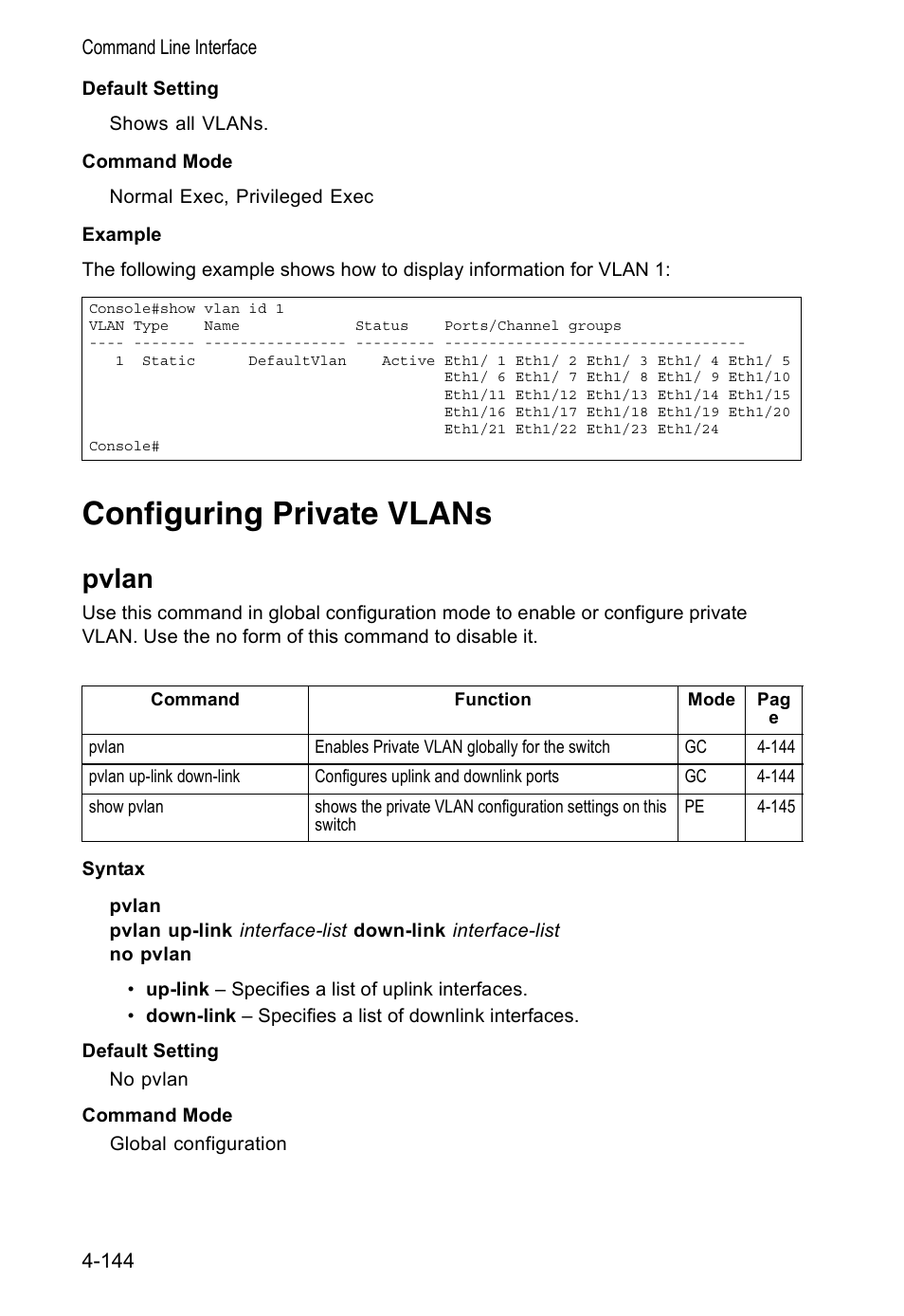 Configuring private vlans, Pvlan, Pvlan 4-144 | Accton Technology VS4512DC User Manual | Page 290 / 334