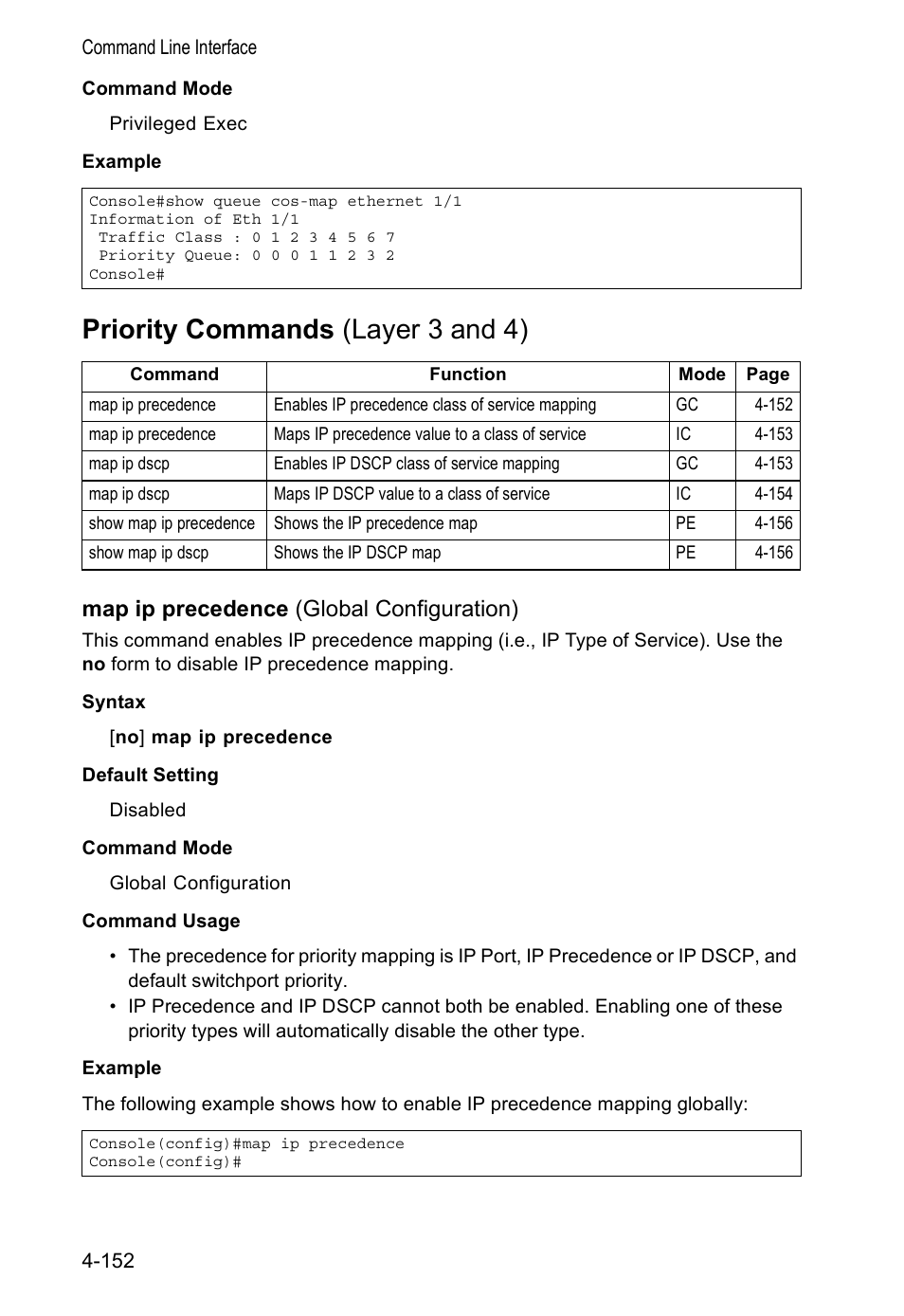 Priority commands (layer 3 and 4), Map ip precedence (global configuration) | Accton Technology VS4512DC User Manual | Page 298 / 334