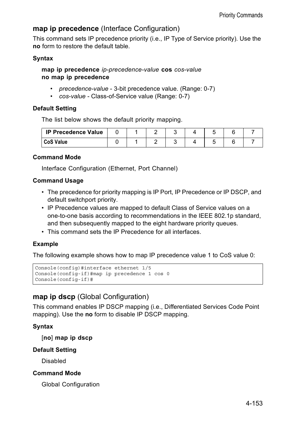 Map ip precedence (interface configuration), Map ip dscp (global configuration) | Accton Technology VS4512DC User Manual | Page 299 / 334
